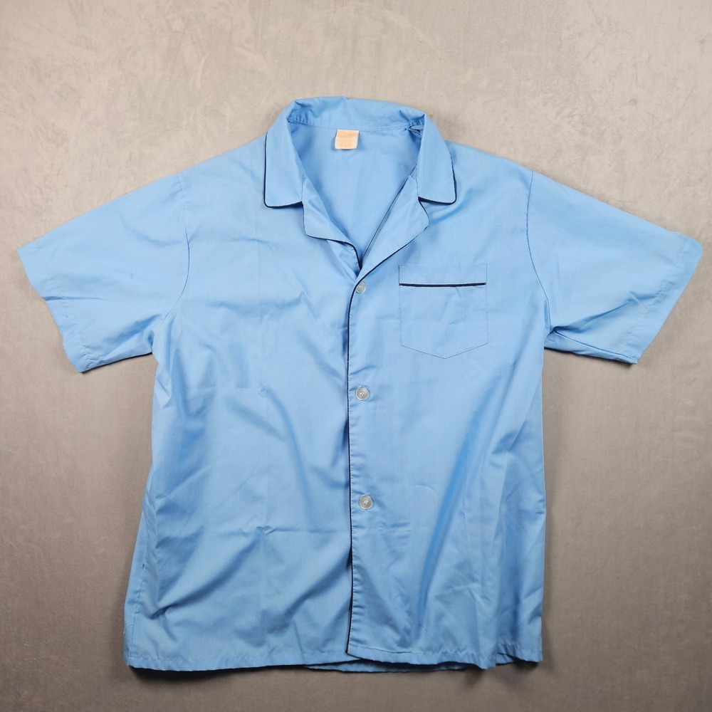 Vintage Sears Pajama Top Mens Large Blue Perma-Prest Button Up Piping 70s 80s